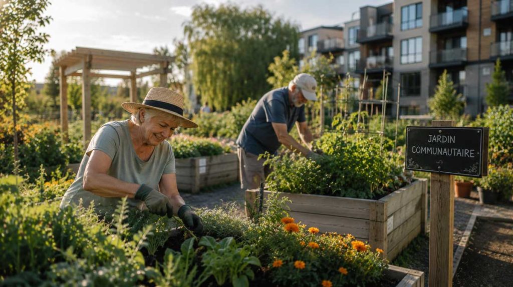 Préretraités jardinant dans un jardin communautaire du quartier Urbanova à Terrebonne.