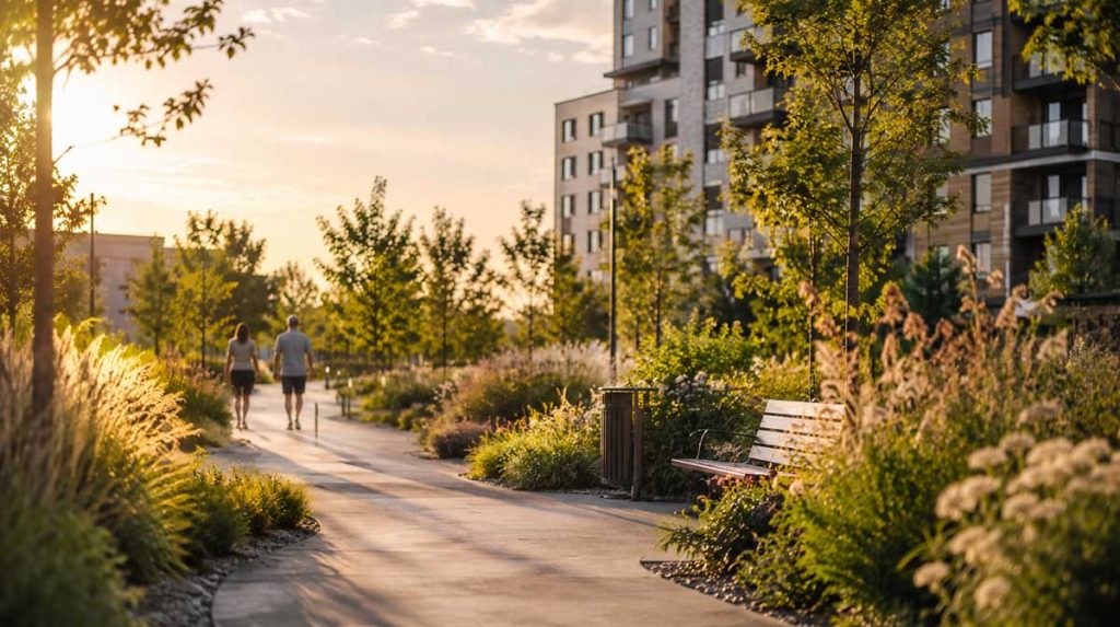 Couple de préretraités marchant sur un sentier paysager du quartier Urbanova à Terrebonne, un milieu de vie paisible et écoresponsable.