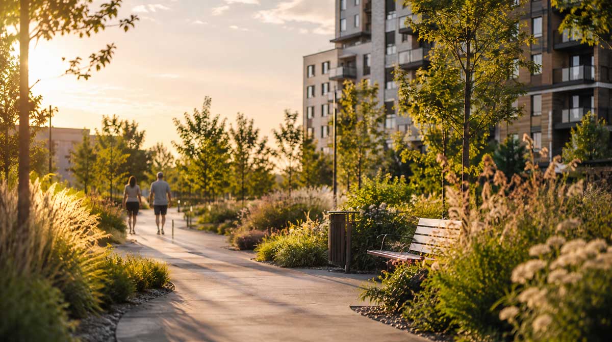 Couple de préretraités marchant sur un sentier paysager du quartier Urbanova à Terrebonne, un milieu de vie paisible et écoresponsable.