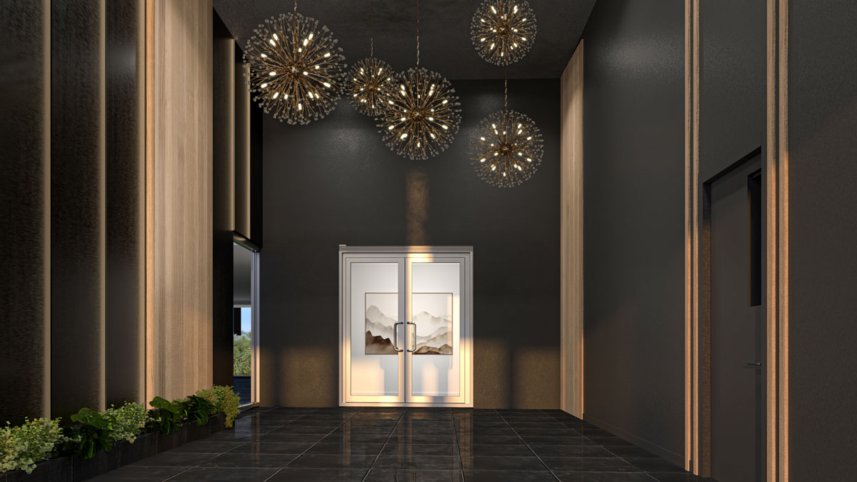 Vue 3D en angle du lobby de Vi Condos Locatifs à Terrebonne