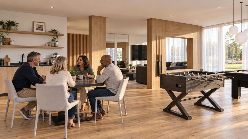 Quatre personnes discutent autour d’un café dans la salle commune de Vï, près des tables de baby-foot et de billard.