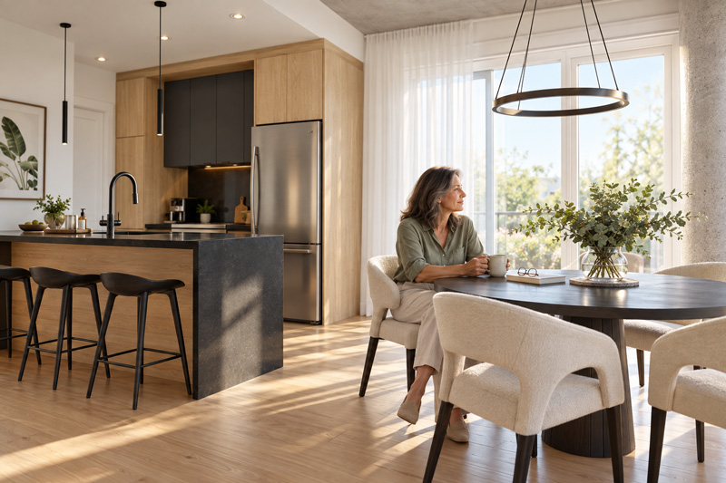 Une femme savoure son café près de la fenêtre, dans la salle à manger lumineuse d’un condo Vï.